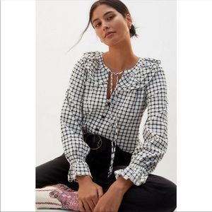 NWT Anthropologie Ruffled Black White Plaid Blouse Size L